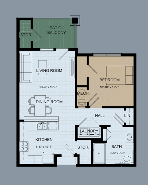 Floor plan for 1 bed, 1 bath, 752 sqft